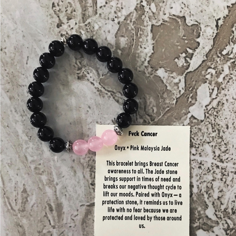 Breast Cancer Awareness - Onyx & Pink Malaysia Jade Natural Stone Bracelet - Picture 2 of 5